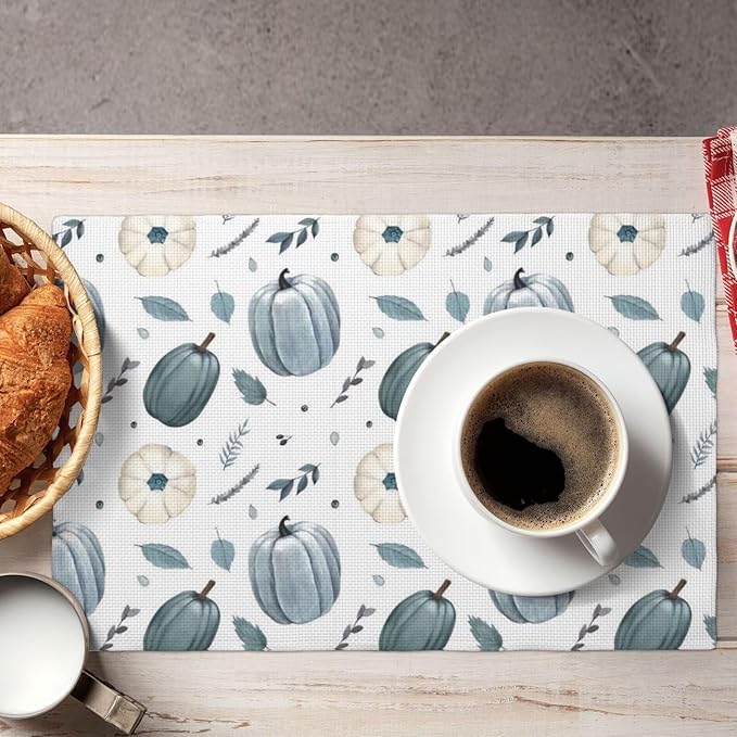 Watercolor Pumpkin Placemats, Vintage Blue Autumn Leaves Harvest Plants Pumpkins Thanksgiving Table Mats for Holiday Indoor Outdoor Home Party, 6PCS