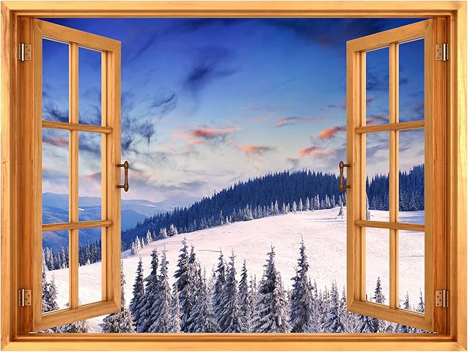 wall26 Removable Wall Sticker/Wall Mural Window View Scenic Pastel Sunset Winter Mountain Wilderness Nature Photography Realism Rustic Landscape Colorful for Living Room, Bedroom, Office - 36"x48"
