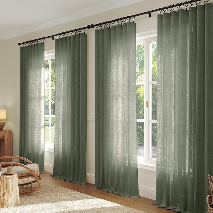Anmao Natural Linen Curtains for Living Room 120 Inch Length 2 Panels Set, Light Filtering Semi Sheer Window Curtain Drapes for Bedroom with Curtain Rings and Clips, 52Wx120L, Olive Green