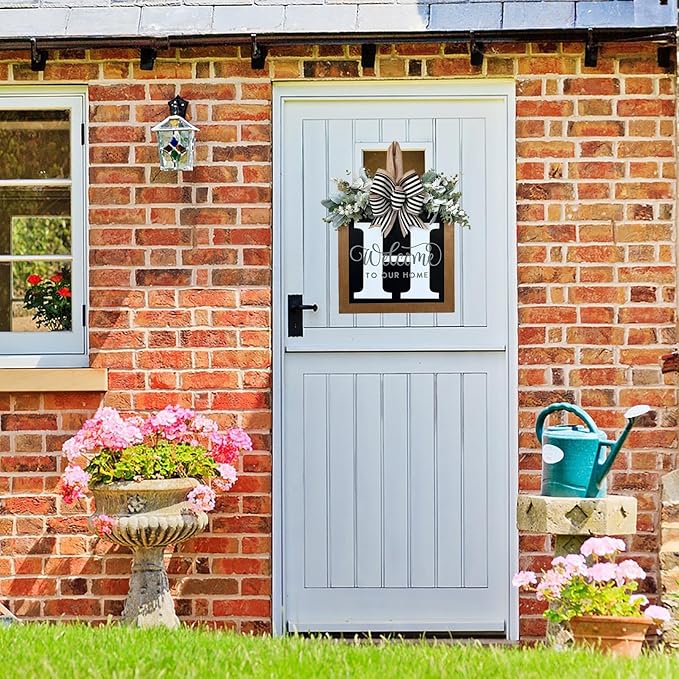 Last Name Year Round Front Door Wreath Front Porch Decoration 26 Letter Welcome Sign with Eucalyptus Garland and Bow Spring Wreaths for Front Door Outside Hanger Garland（H）