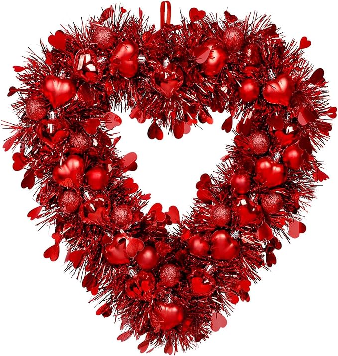 Valentines Wreath, 15.7" Red Heart Shaped Wreaths for Front Door with Tinsel Valentines Gifts Wall Decorations for Home Wedding Party Anniversary
