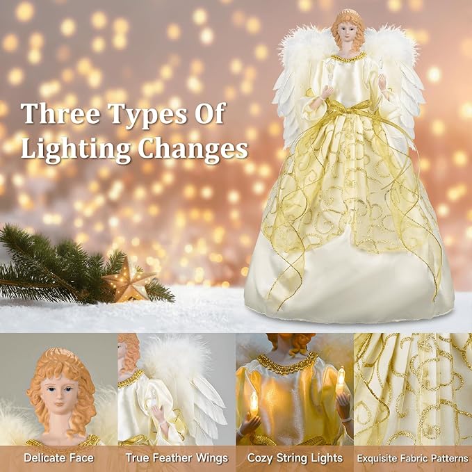 16 Inch Angel Tree Topper, Large Christmas Tree Topper Angel with Lights Decorations Battery-Powered Angel Ornaments for Christmas Tree with Feather Wings Xmas Tree Toppers Indoor Decorations-Gold