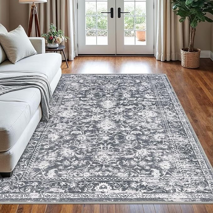 KILOCOCO Area Rug 5x7 Living Room Rug Washable Printed Vintage Floral Non Slip Soft Rubber Backed Indoor Bedroom Rugs for Laundry Room Kitchen Playroom Moroccan Area Rugs, Grey