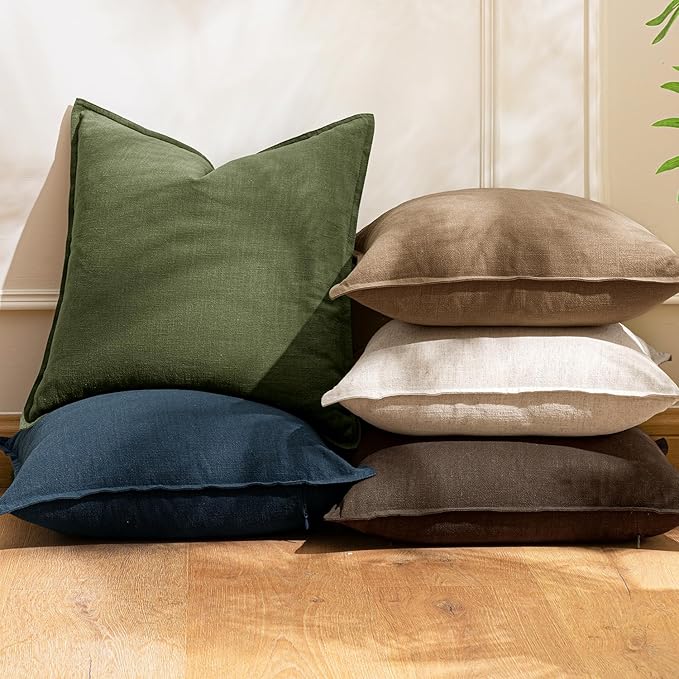 Woaboy 20x20 Inch Set of 2 Decorative Linen Solid Throw Pillow Covers Boho Accent Farmhouse Christmas Pillowcases Modern Netural Home Decor for Couch Sofa Living Room Bed,Dark Olive Green