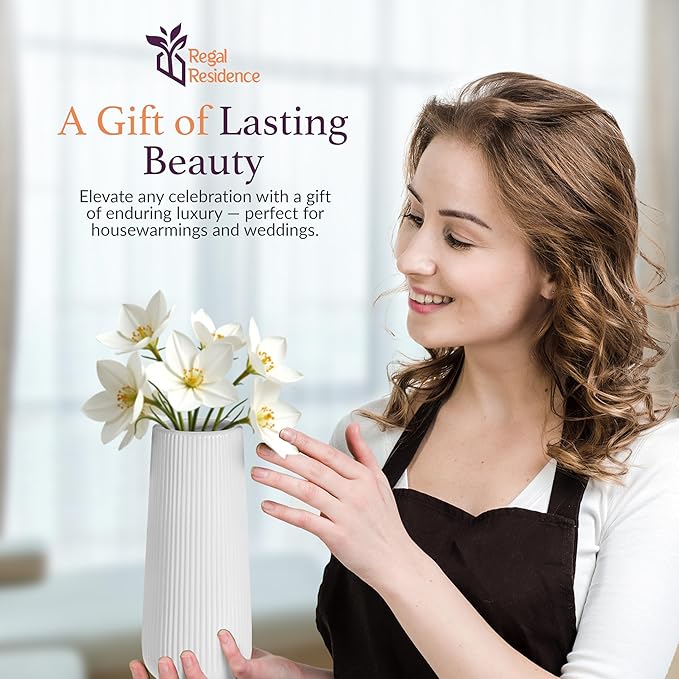 Elegant White Ceramic Vase with One Free Artificial Fern Stem – Perfect for Home, Garden & Table Centerpieces