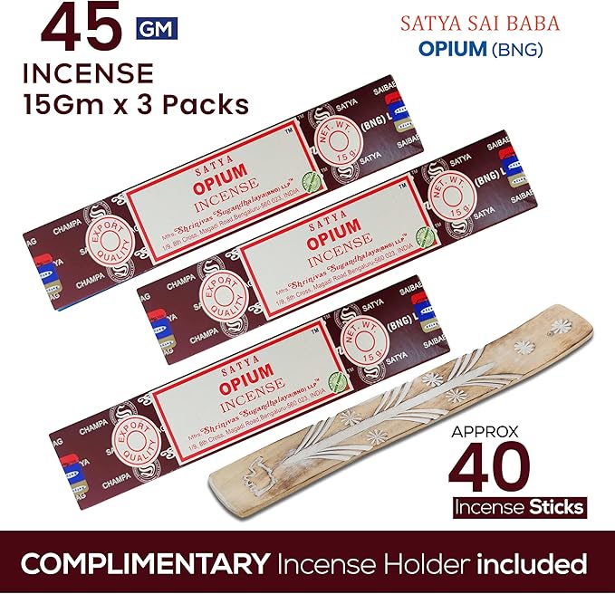 Satya Opium Incense Sticks, Satya Bng (Bangalore) Insenses 15gmx3 Pack with Raajsee Incense Holder Bundle, Satya Nagchampa Natural Incense