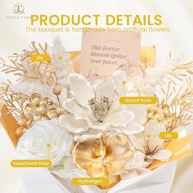 TINGE TIME Preserved Flowers Bouquet, Christmas Faux Rose Bouquets Platinum, Artificial Flowers Poinsettia Faux Flowers, for Christmas Centerpiece Table Home Holiday Party(White & Gold)