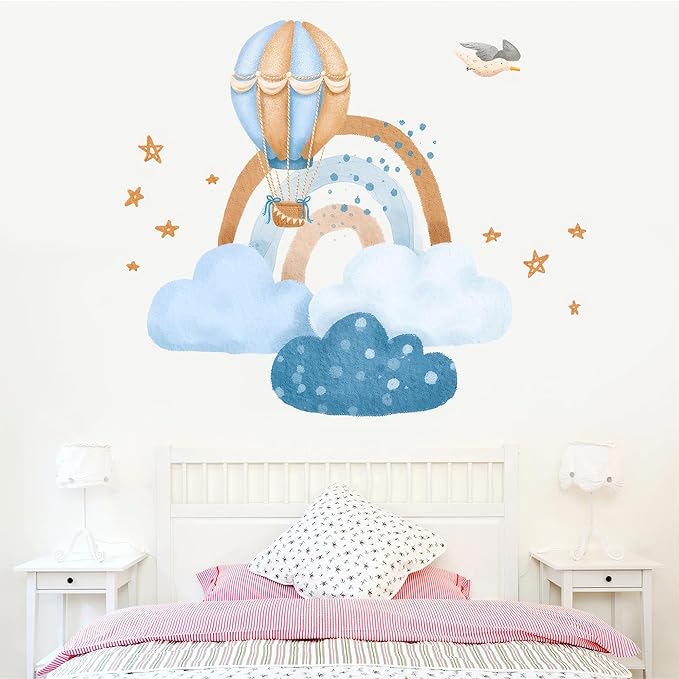 Hot Air Balloon & Clouds Wall Decals - Peel and Stick Watercolor Rainbow Stars Bird Wall Stickers, Decor for Baby Nursery, Toddler & Kids Bedroom Walls
