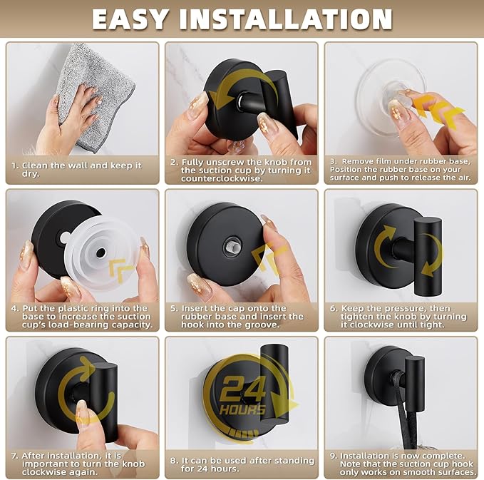 Suction Cup Hooks for Shower - Bathroom Reusable Hooks for Towels, Robes & Loofah - No-Drill Mounting on Kitchen, Walls, Metal, Glass, Mirrors, Tile & Smooth Non-Porous Surfaces Matte Black 4 Pack
