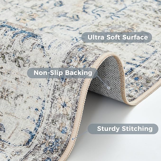 jinchan Kalen Runner Rug 2x7 Washable Hallway Rug Vintage Indoor Thin Retro Floor Cover Distressed Floral Country Lightweight Non Slip Carpet for Entryway Bathroom Bedroom Living Room Stairway Blue