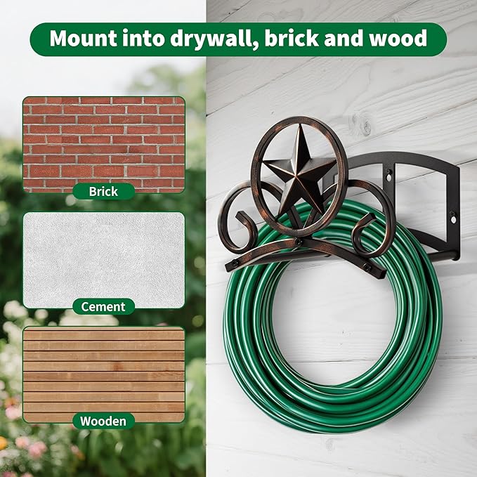 Garden Hose Holder Wall Mounted Decorative, Heavy Duty Metal Hose Hanger for Outside, Sturdy Water Hose Rack Holds 125-Feet of 5/8-Inch Hose, Water Hose Hooks