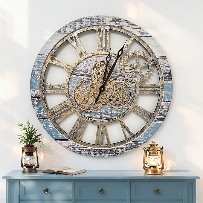 ImprovingLife The Gears Clock The Original Real Moving Gear Wall Clock Vintage Industrial Oversized Rustic Farmhouse (24 inch (60cm), Vintage Aqua Green and Bronze)