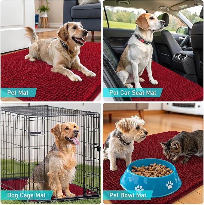 OLANLY Dog Door Mat for Muddy Paws 54x24, Absorbs Moisture and Dirt, Absorbent Non-Slip Washable Doormat, Quick Dry Chenille Mud Mat for Dogs, Entry Indoor Entryway Carpet for Inside Floor, Red