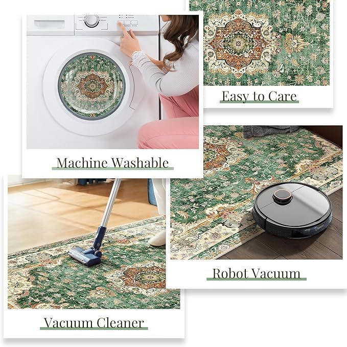 Green Round Rug 4ft,Circle Washable Area Rugs for Bedroom Bathroom Entryway Kitchen,Small Boho Vintage Bohemian Distressed Oriental Floral Carpet Non Slip,Retro Sage Floral