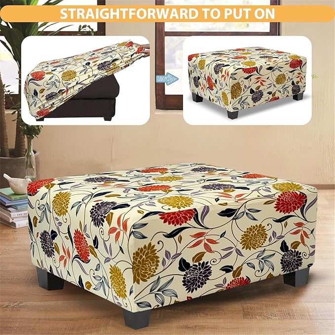 Ottoman Cover Rectangle Printed,Stretch Footstool Slipcover with Elastic Bottom,Soft Fabric Protector for Rectangular Ottoman in Living Room or Bedroom,Medium,Flower B