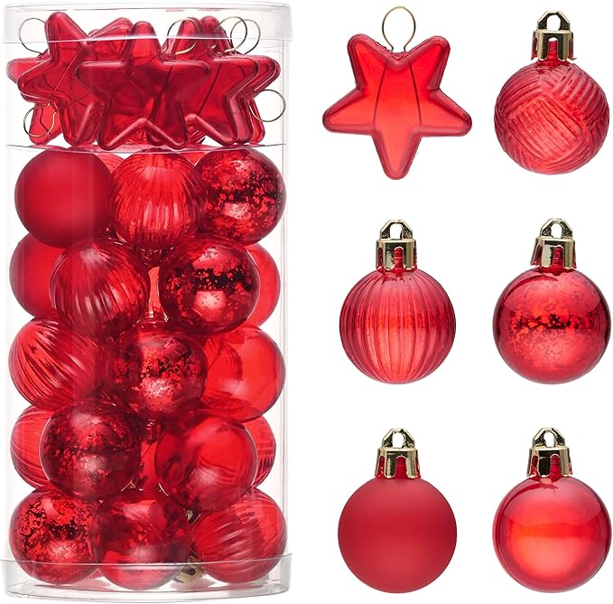 DecorbyHannah Mini Christmas Tree Ornaments, 35ct 1.18inches Red Christmas Ball Ornaments for Tree Decorations, Small Clear Shatterproof Plastic Hanging Balls Bulk for Xmas, Party, Wedding