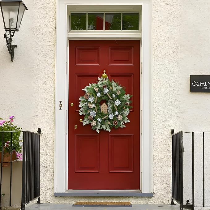24" Winter Wreath with Wooden House Ornaments, Snowflakes, Deadwood Branches, and Pinecones—Christmas Wreaths, Indoor Outdoor Home Snow Scene Holiday Winter Door Wreath, Natural Forest Theme