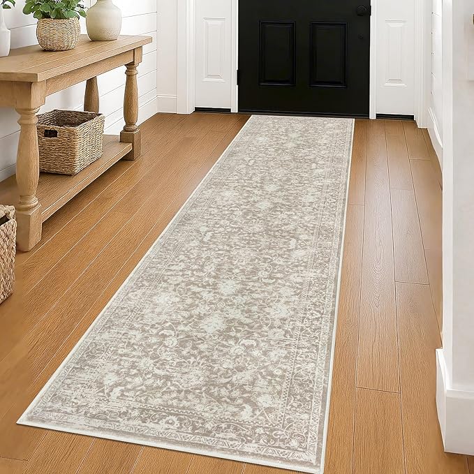 KILOCOCO Hallway Runner 2x8 Rug Runner Printed Vintage Floral Washable Kitchen Runners Non-Slip Rubber Backed Runners for Hallways Laundry Room Distressed Boho Rugs for Entryway Bedroom, Beige