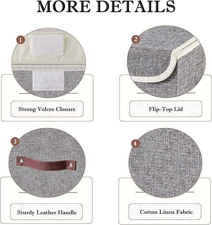 2PCS Collapsible Storage Boxes Baskets with Lid Cotton Linen Fabric Storage Bins with Faux Leather Handles Washable Cube Organizer Container for Home Closet Bedroom (Gray, Large Size)