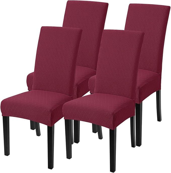 SearchI Dining Room Chair Covers Set of 4, Stretch Jacquard Parsons Chair Slipcovers Removable Washable Kitchen Chair Protector Cover for Dining Room, Hotel, Ceremony (Wine Red Rhombus)