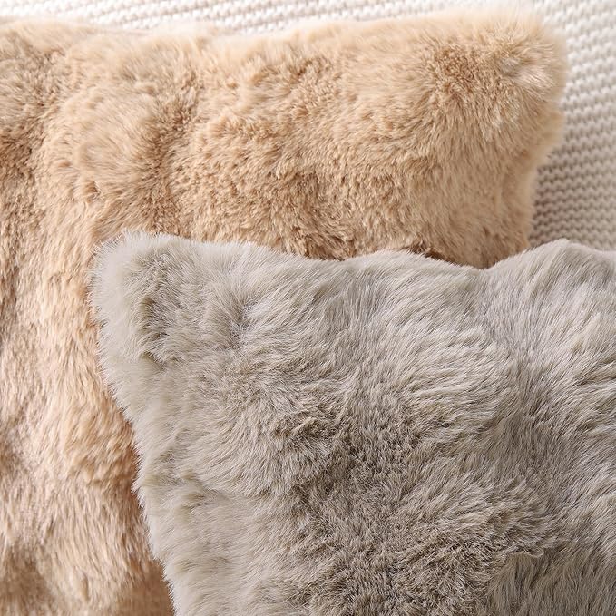 MADIZZ Pack of 2 Thick Plush Wool Throw Pillow Covers 24x24 Inch Taupe Soft Neutral Decorative Throw Pillows Accent Boho Cushion Covers for Couch Sofa Bedroom Pillow Shell