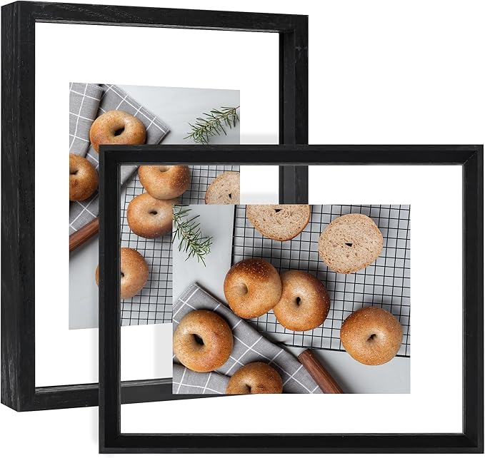 8x10 Floating Frames 2 Pack Wooden Photo Frame Double Sided Glass Picture Frame for Any Size Picture up to 8x10, Wall Mount or Tabletop Displays, Double-edged Frames, Black