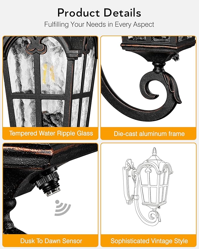 VIANIS Outdoor Wall Light, Oil Rubbed Bronze Porch Lights Outdoor, Dusk to Dawn Outside Lantern Fixtures Wall Mount, 100% Aluminum Exterior Lighting Fixtures for House, Garden, Patio, Entryway