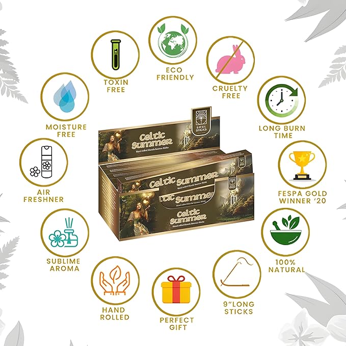 SOUL STICKS Hand-Rolled Incense Sticks Mystic Spirit Blends 180 Gram 12 Pack Box | 100% Natural Masala Incense Organic Home Fragrance Agarbatti (Celtic Summer)
