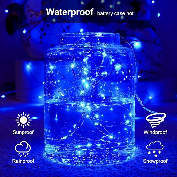 4 Pack 16.4ft Battery Operated String Lights with Timer, Blue with Synchronized Twinkle Mode, Fairy Lights Battery Powered, 50 LEDs, Idea for Christmas Bedroom Party Wedding