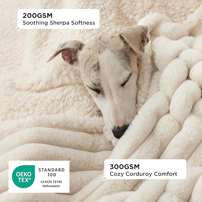 Bedsure Waterproof Dog Blankets for Large Dogs - Soft Puppy Cat Blanket Corduroy Fleece for Couch Protector Washable, Cozy Calming Reversible Furniture Protection for Pet,40"x50", Cream