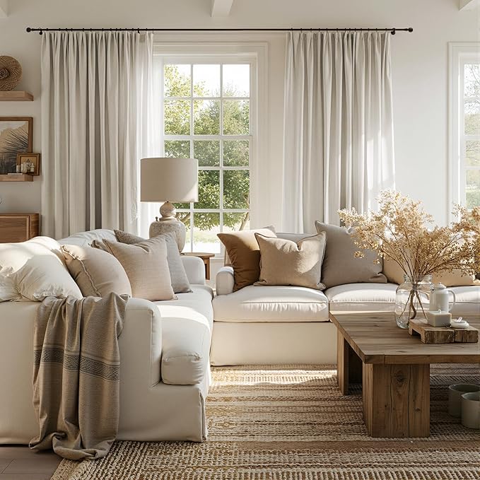 jinchan Linen Blend Curtain 96 inch Length 1 Panel for Sliding Door, Light Filtering 100 inch Extra Wide Farmhouse Drape with Rod Pocket Back Tab(100W x 96L, Oat)