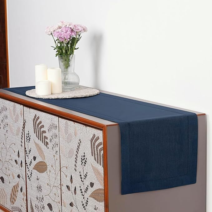 D'Moksha Homes Linen Navy Blue Table Runner 36 Inches - 100% Pure Linen Small Table Runner 14 x 36 Inch Ideal for Dresser, Coffee Tables, Easter - Classic Hemstitch