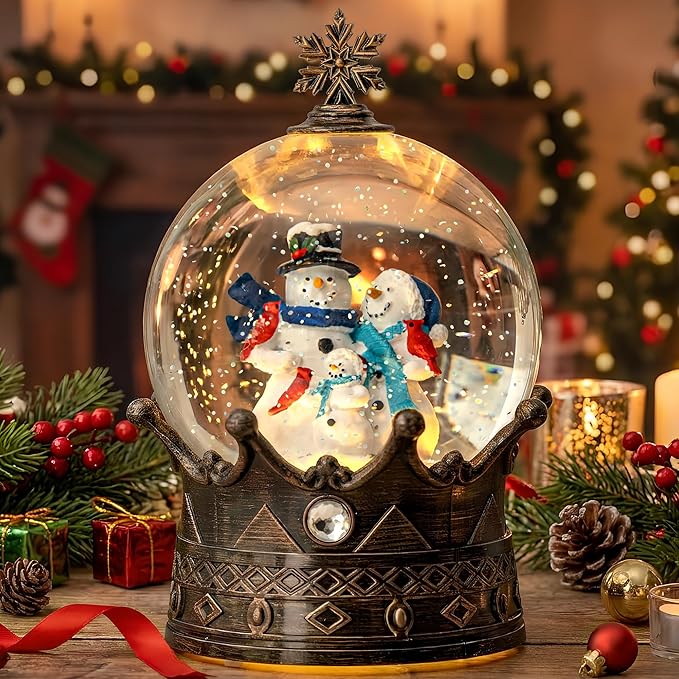 Christmas Snow Globe Lantern Water Glittering Snowman Family Crown with Music, USB Lined/Battery Operated Lighted Lantern for Christmas Festival Decoration Gifts