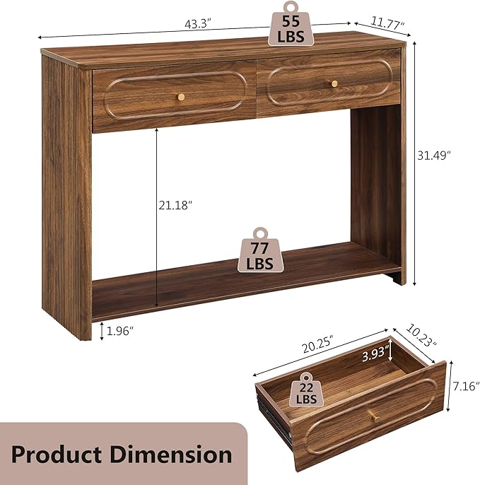 ORRD Fluted Console Table with Drawers, Mid-Century Narrow Entryway Table with Open Storage Shelves, Hallway Accent Tables Behind Couch Tables for Living Room (Walnut)