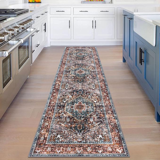 KOZYFLY Runners for Hallways 2x8 Ft Washable Kitchen Runner Rug Boho Runner Rug for Entryway Indoor Printed Oriental Faux Wool Floor Carpet Runner for Bedroom Kitchen Hall, Brick Red/Orange/Green