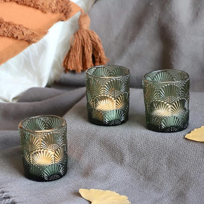 Woho Green Votive Candle Holders Set of 12, Green Glass Tealight Candle Holder for Wedding Party Table Centerpiece, Tea Lights Candle Holder Vintage for Fall Thanksgiving Christmas Decor