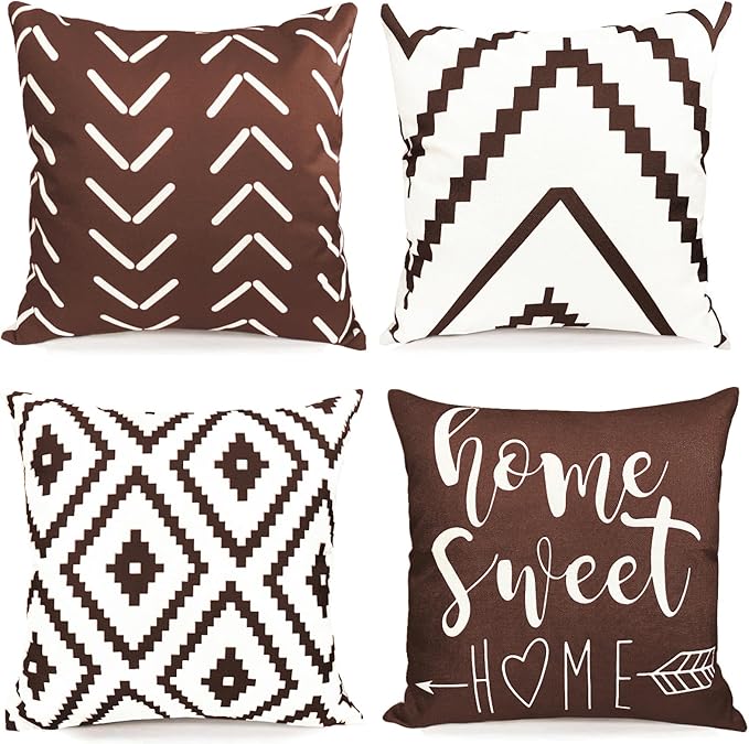 Decorative Throw Pillow Covers 18x18 inch Set of 4 Brown Pillow Covers for Couch Sofa Bed Living Room,Farmhouse Outdoor Throw Pillow Cover,Modern Geometric Linen Square Throw Pillow Cases
