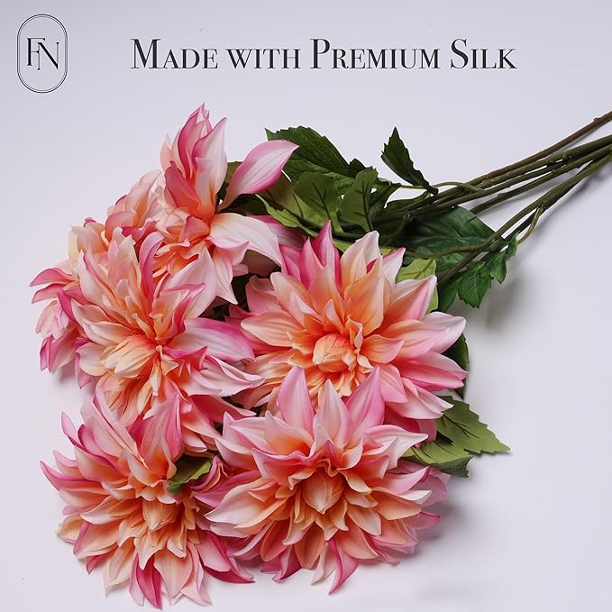 Artificial Peach Dahlia 6 Large Heads with Stem Faux Fake Silk Flower Decor for Vase Bouquet Home Living Room Indoor Outdoor Wedding Spring Summer All Seasons DIY Decoration Arrangement
