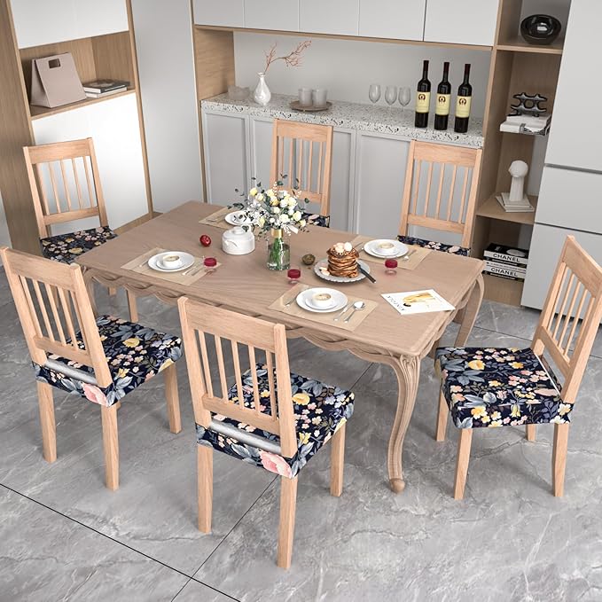 Stretch Dining Chair Seat Covers Set of 4,Dining Chair Slipcovers, Floral Printed Chair Covers,Soft Fabric Washable Upholstered Chair Seat Protector, No Rear Covers for Home Kitchen Dining Room