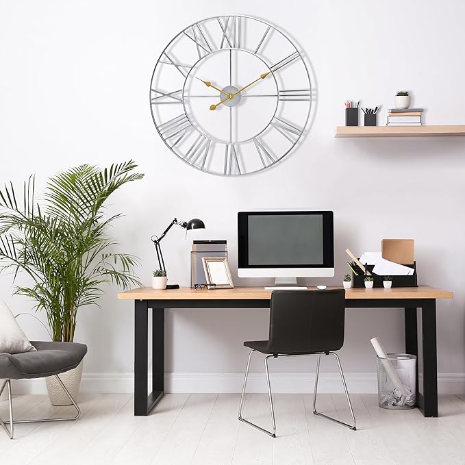 Sorbus Large Wall Clock for Living Room Decor – Easy to Hang 24-Inch Big Wall Clock – Metal Wall Art for Kitchen, Bedroom, Home, Office – Analog Decorative Wall Clock (Silver)