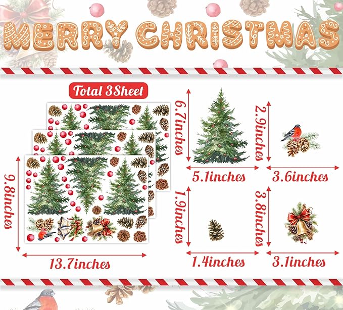 Pine Tree Wall Stickers Watercolor Christmas Tree Wall Decals Peel and Stick Removable Pine Cones Winter Wall Art Stickers Merry Christmas Bell Decals for Living Room Kids Gift Xmas Party Supply Decor
