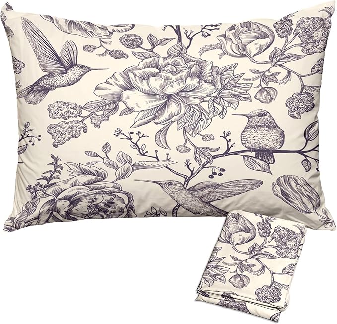 Chinoiserie Pillow Protectors with Zipper Standard Size Vintage Floral Birds Print Pillow Covers Set of 2 Rustic Nature Gold Flowers Pillow Cases Antique Midcentury Bed Pillow Covers 30"X20" Beige