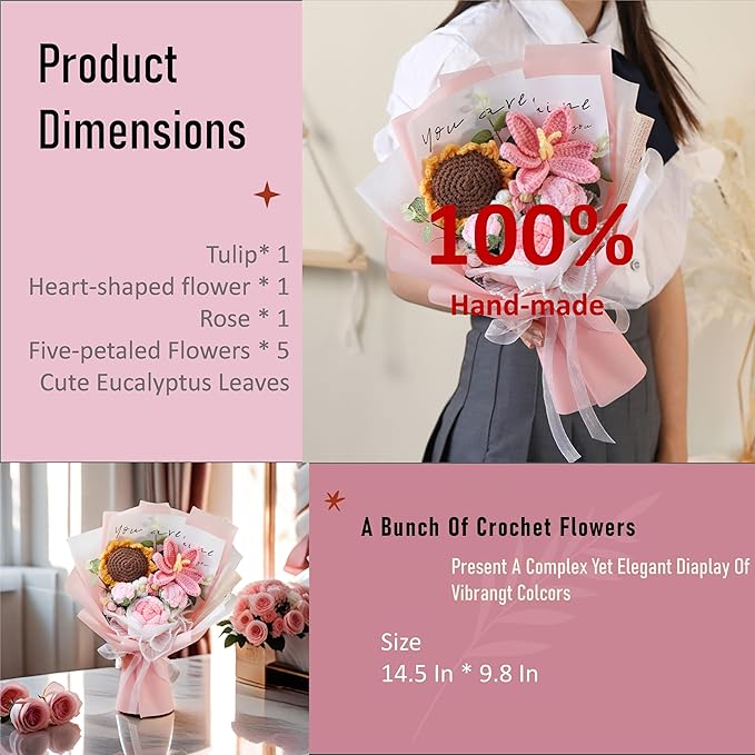 LOEVEN Crochet Flowers, Crochet Flower Bouquet, Crochet Sunflower, Tulip Roses Handmade Knitted Flowers, Carnation, Preserved Flower for Mother's Day, Valentine's Day, Birthday, Graduation (Pink)
