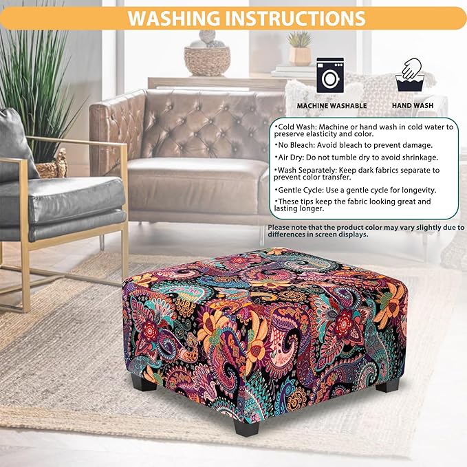 Large Ottoman Cover Square Slipcovers Printed,Stretch Footrest Stool Cover for Ottoman Square,Soft Foot Stool Cover Protector with Nonslip Elastic Bottom (Large,Purple)