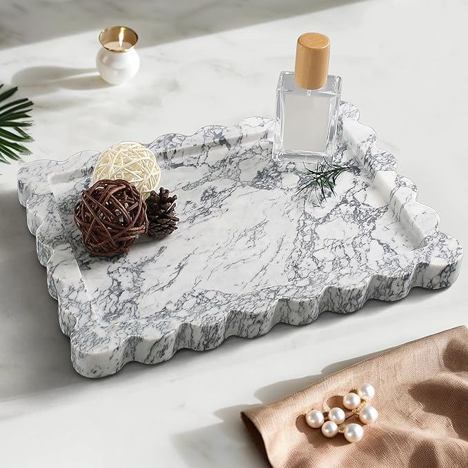 Genuine Scalloped Marble Tray, Real Natural Marble Stone Tray, Luxury Decorative Trays for Bathroom, Dresser, Vanity, Kitchen, Home Decor, 10.6" x 8", Calacatta Gray