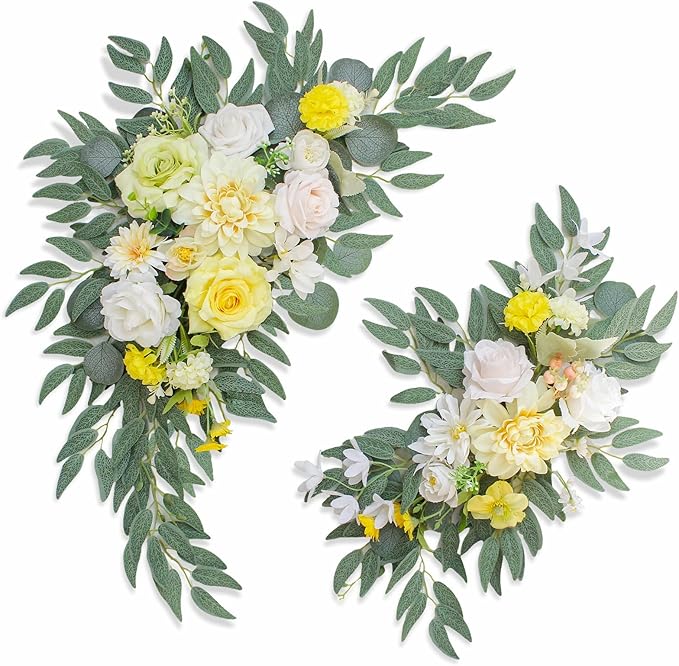 Faux Flowers Wedding Welcome Signs Floral(Pack of 2)，Wedding Arch Flowers for Wedding Decorations and Reception Backdrop Decoration Thanksgiving Halloween Party Decoration (Yellow)
