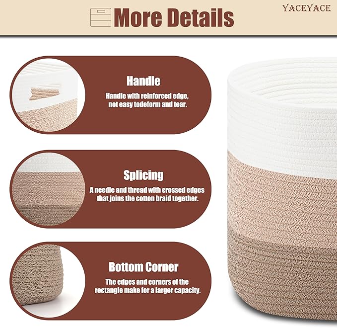 Rope Baskets for Storage, 3 Pack Foldable Baskets for Shelves, Fabric Storage Bins with Handles,Cotton Blend Bins for Home,Office,Organizing