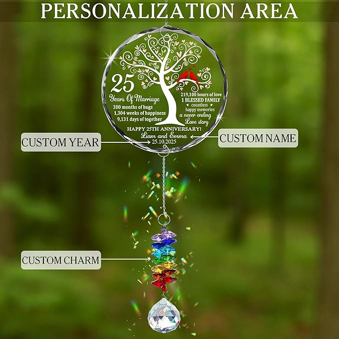 Personalized 25th Anniversary Crystal Ornament – Silver Wedding Gift for Couple, Parents – Custom Names, Date & Milestone Tree with Red Cardinals – 2025 Keepsake Ornament for Husband & Wife