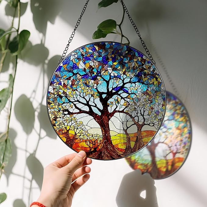 Stained Glass Window Hanging, LAOWEIKI 8'' Tree of Life Suncatcher, Stained Glass Ornament, Suncatchers for Windows Hanging, Window Decor, Outdoor or Indoor, Gifts for Women, Lovers, Couple, Friends