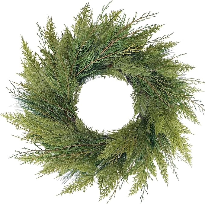 20” Green Faux Norfolk Pine Christmas Winter Wreath – Mixed with Real Touch Fake Cypress, Cedar & Spruce, Xmas Wreaths for Front Door Porch Mantel & Fireplace